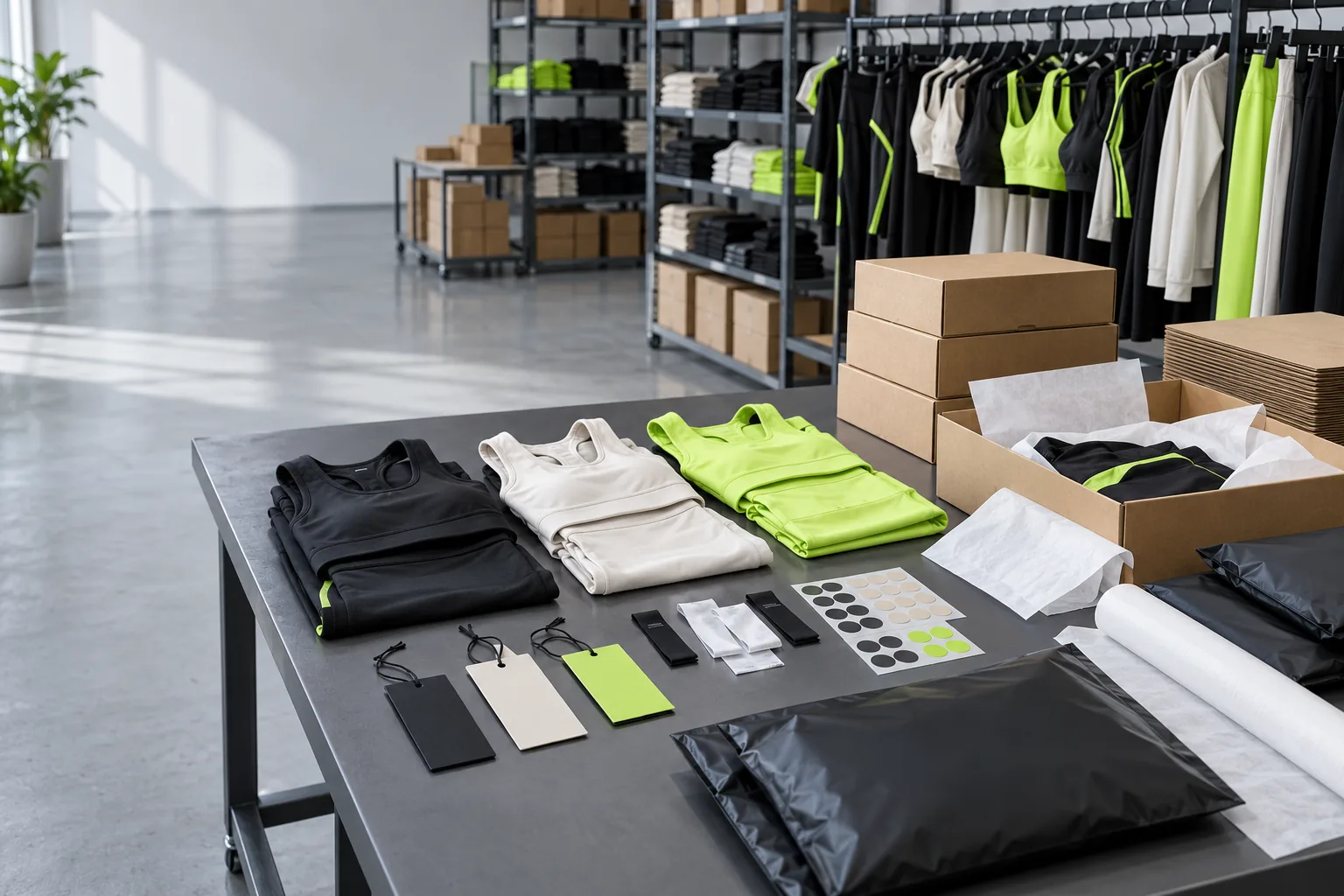 Human sportswear packaging and fulfillment desk