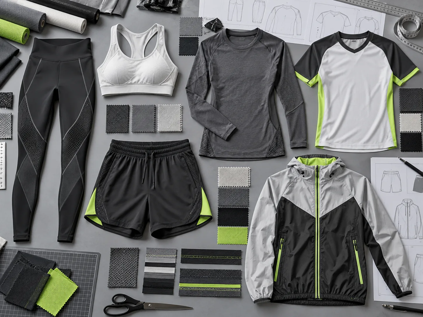 Strip apparel, clusters and sportswear trays on a beauty sampling table
