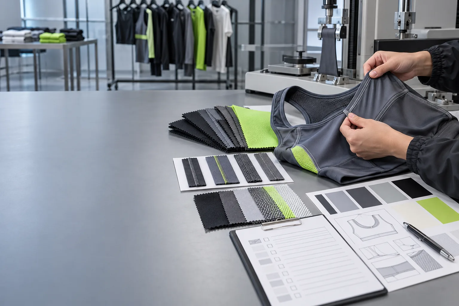 Technician inspecting sportswear at a quality desk
